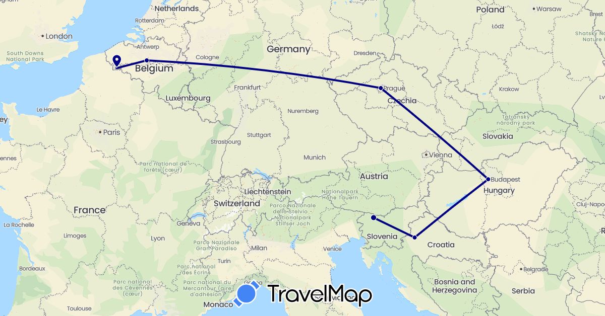 TravelMap itinerary: driving in Belgium, Czech Republic, France, Croatia, Hungary, Slovenia (Europe)